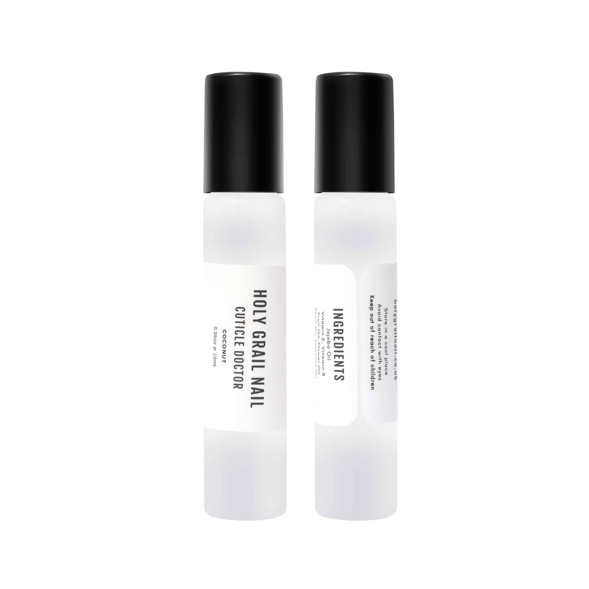 Two white coconut cuticle oil pens with black caps for nail treatment