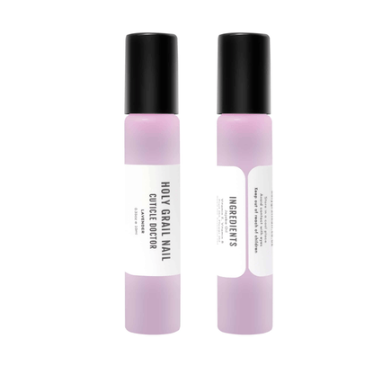 Two lavender cuticle oil bottles with black caps for nail care treatment