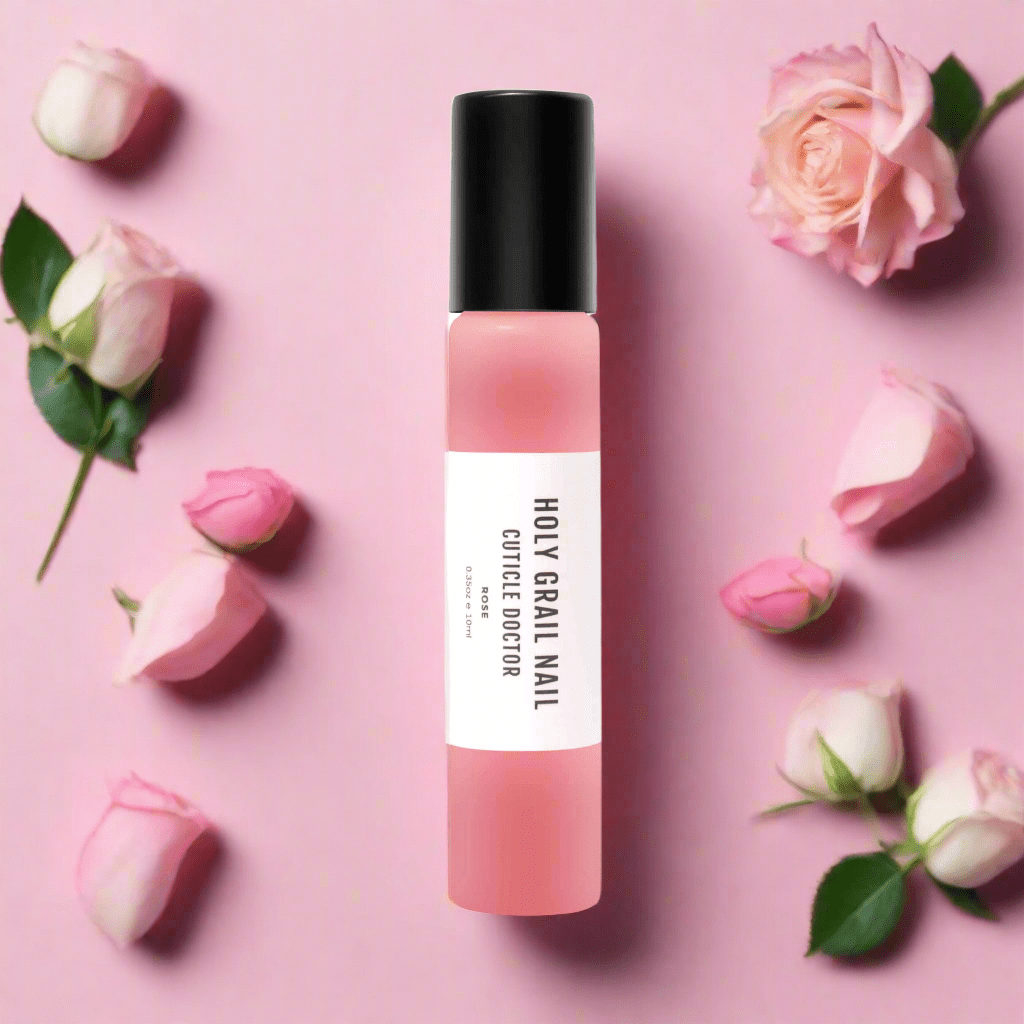 Pink cuticle oil pen surrounded by rose petals for nail care