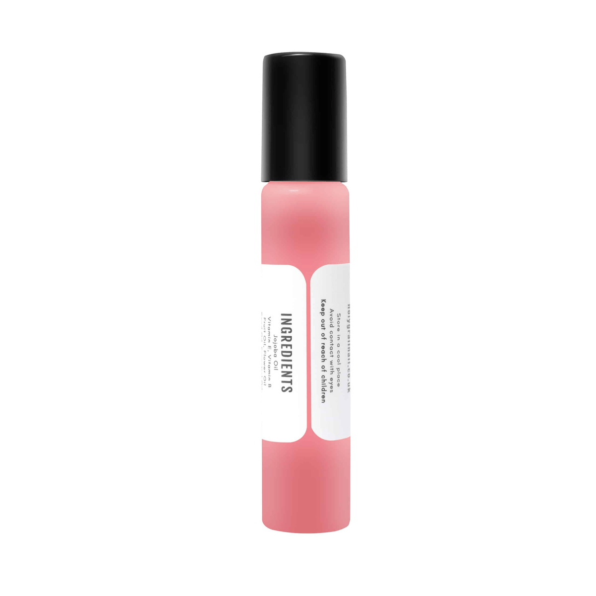 Rose scented cuticle oil in pink bottle with black cap for nail care