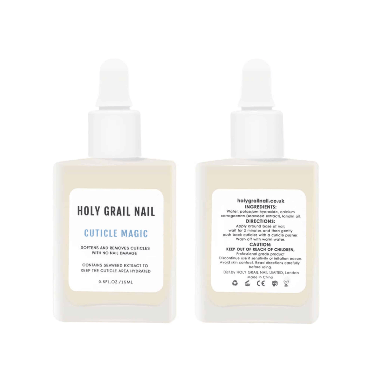 Front and back view of Cuticle Magic spray bottle showing product details