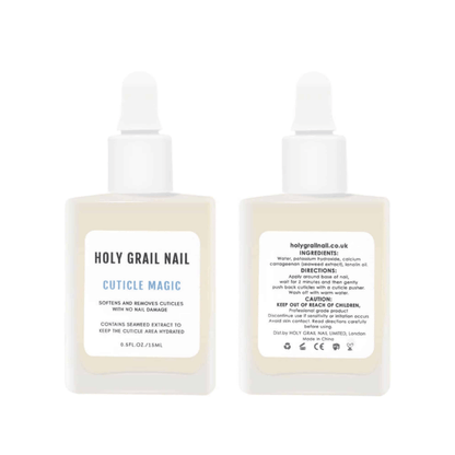 Front and back view of Cuticle Magic spray bottle showing product details