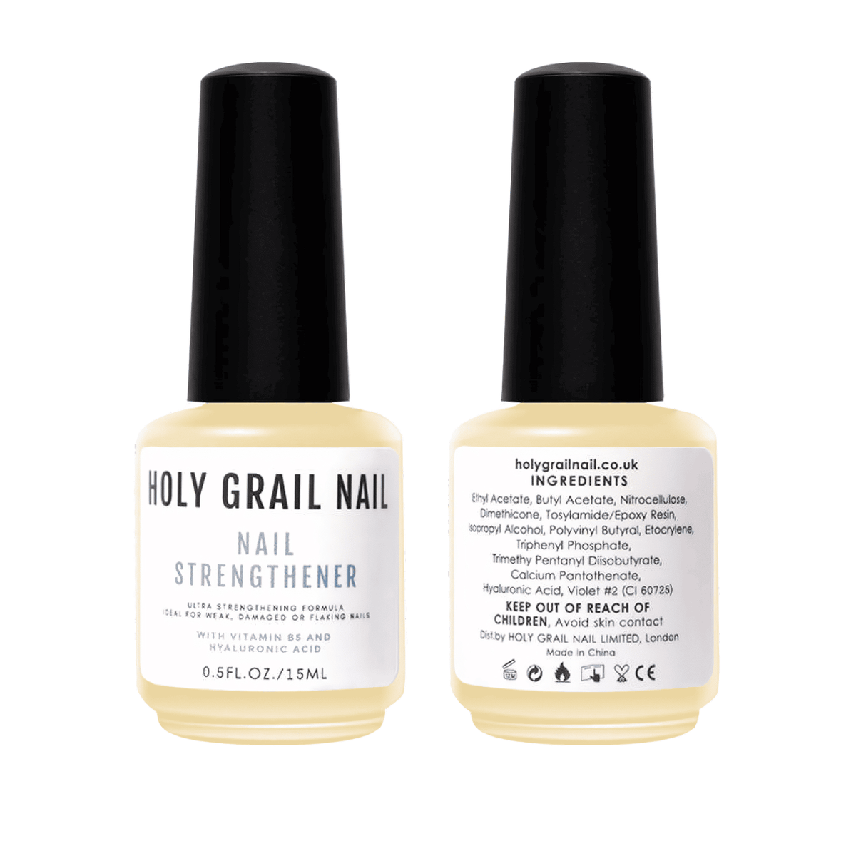 Front and back view of nail strengthener bottle showing ingredients and instructions