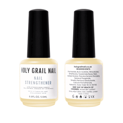 Front and back view of nail strengthener bottle showing ingredients and instructions