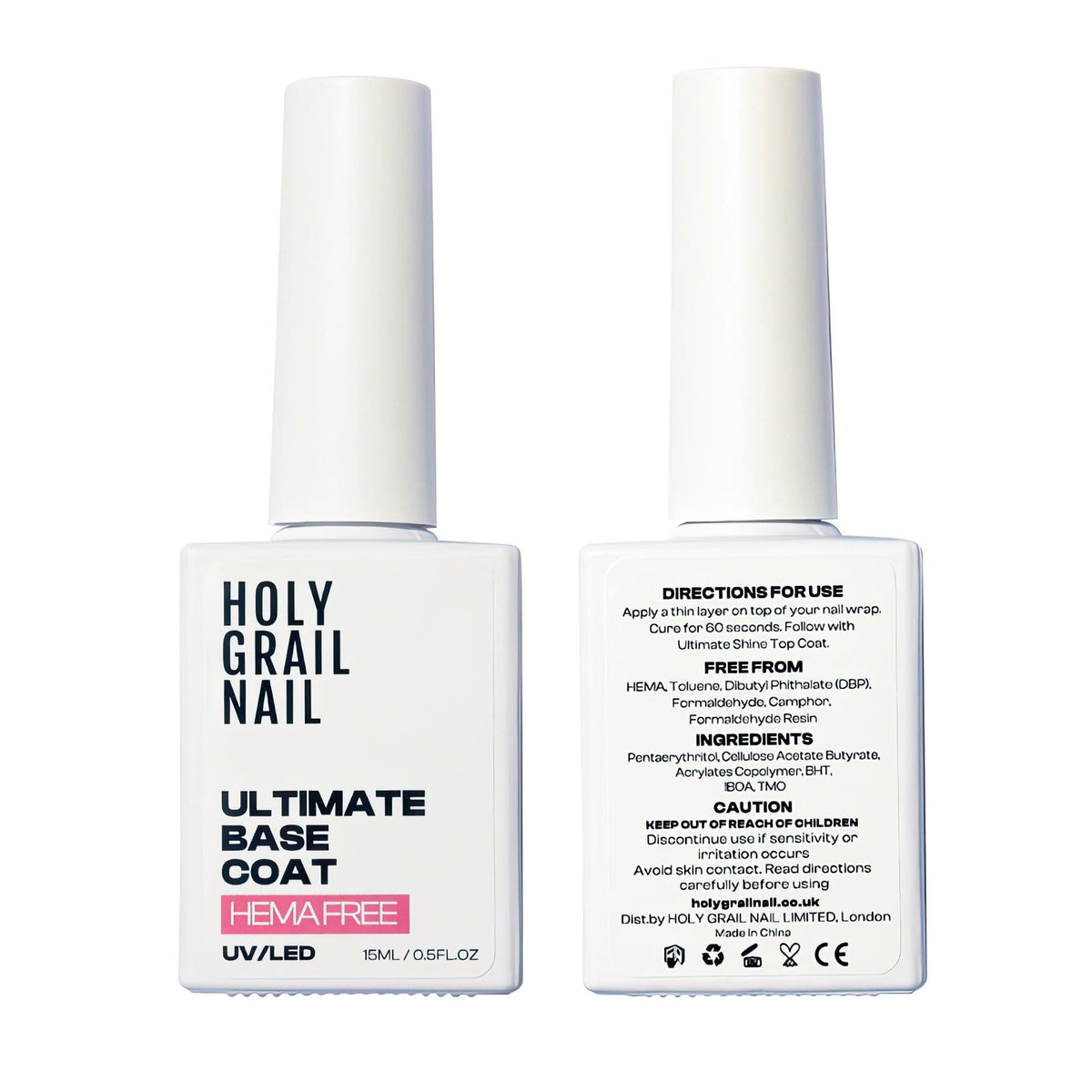Clear UV LED base coat gel nail polish bottle with white cap for at-home manicure