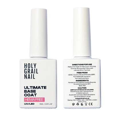 Clear UV LED base coat gel nail polish bottle with white cap for at-home manicure