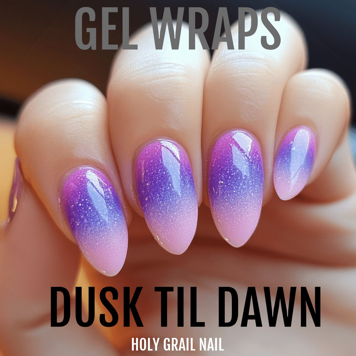 Purple pink ombre gradient gel nail wraps on hand with glossy finish