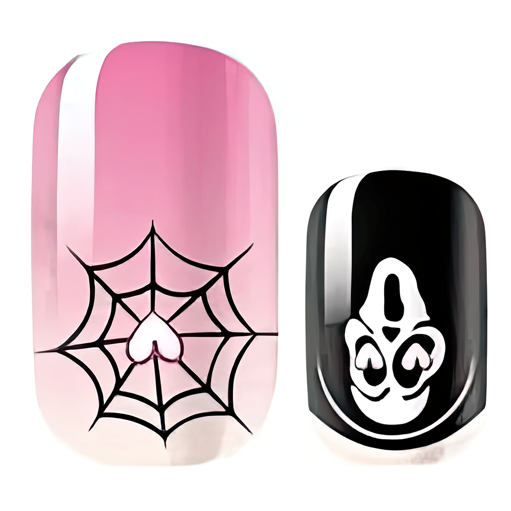 Glow in the dark nail wraps featuring pink ghost and black spider web Halloween nail art