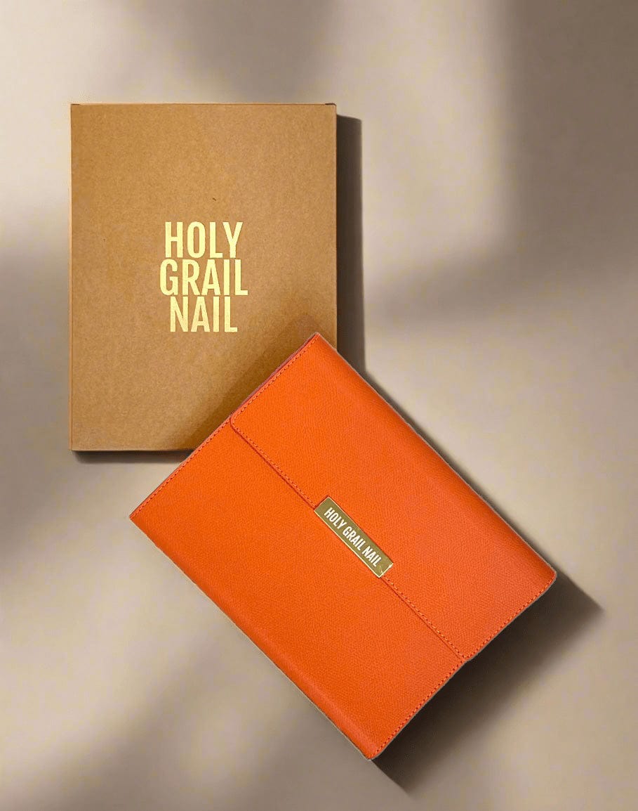 Kraft brown gift box with orange nail wrap storage folio for at-home manicure kit