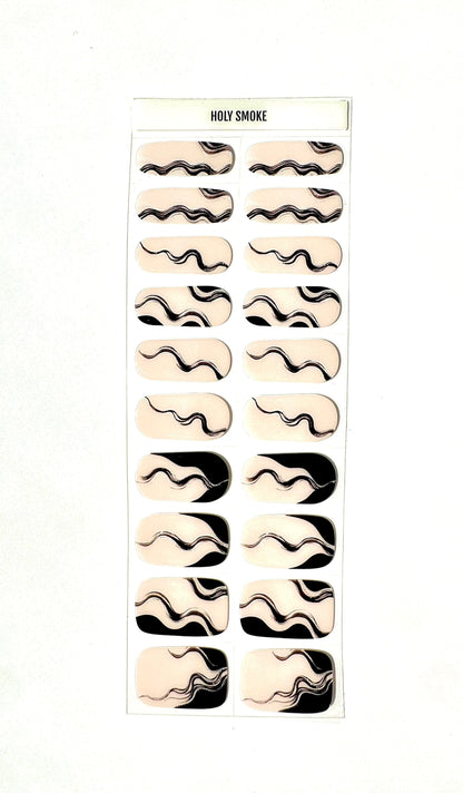 Complete set of black white abstract smoke gel nail wraps for manicure