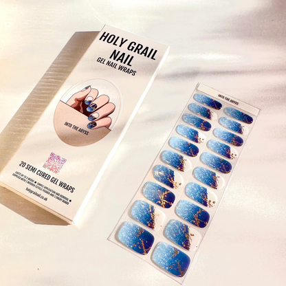 Semi-cured gel nail wraps packaging with blue marble and gold veined nail art design