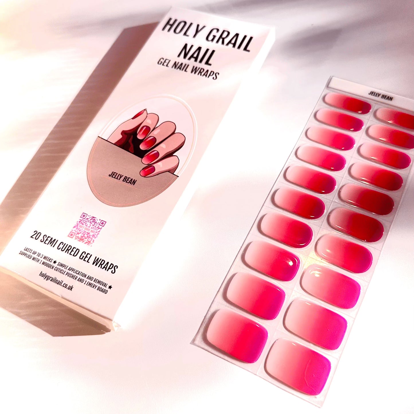 Gel nail wraps packaging with coral pink gradient semi-cured nail strips