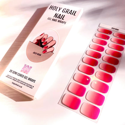 Gel nail wraps packaging with coral pink gradient semi-cured nail strips