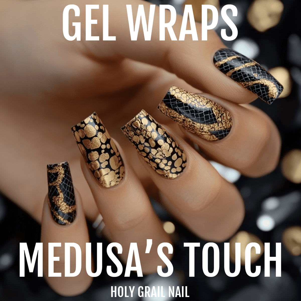Gel nail wraps on hand showing gold snake scale patterns for statement nail art