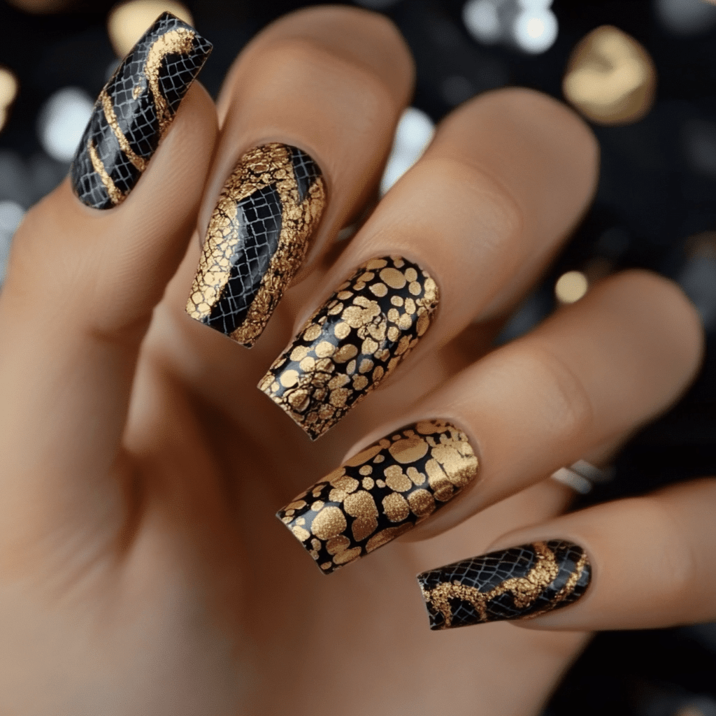 Coffin shaped gel nail wraps on hand with black and gold snake scale pattern
