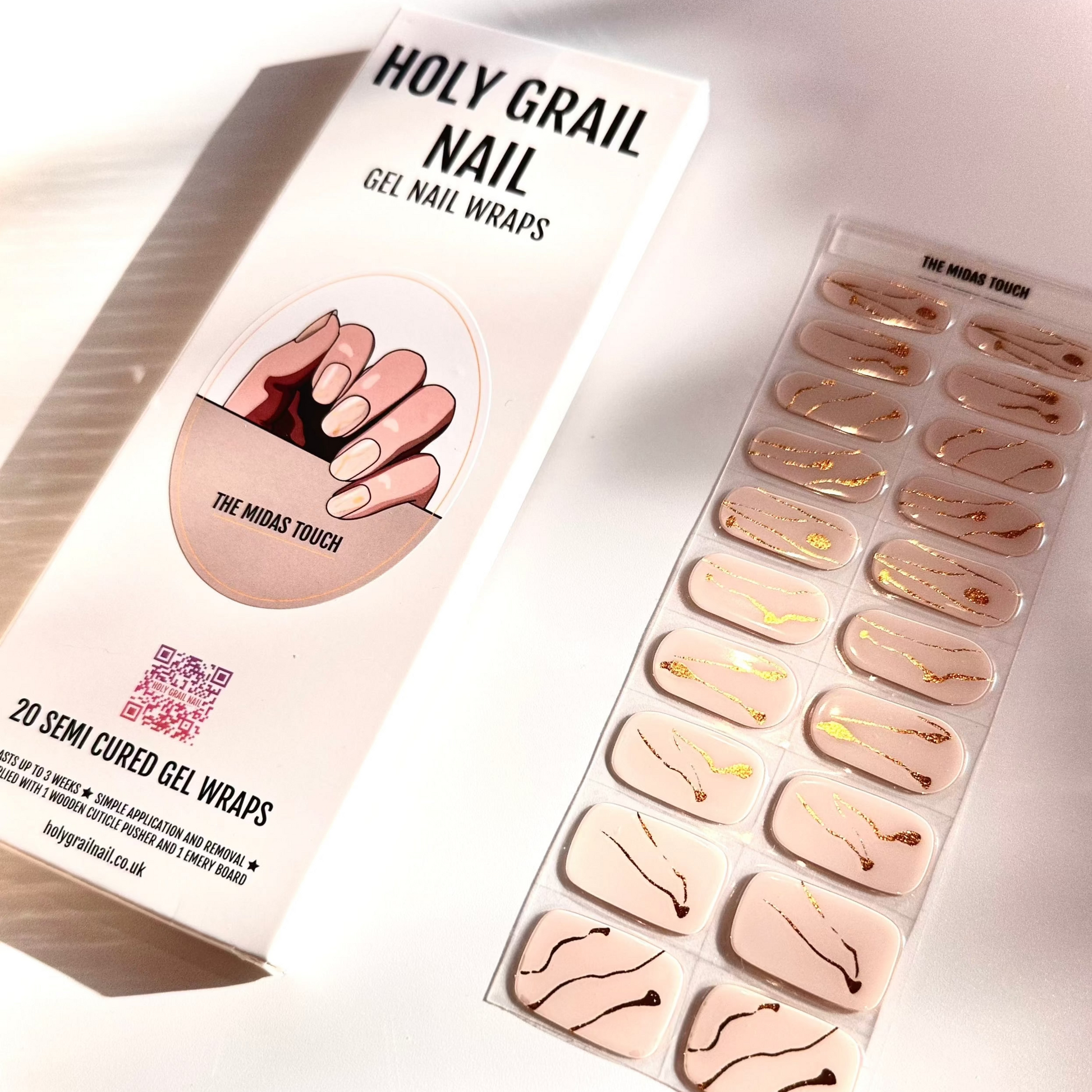 Midas Touch semi-cured gel nail wraps in nude with gold foil packaging