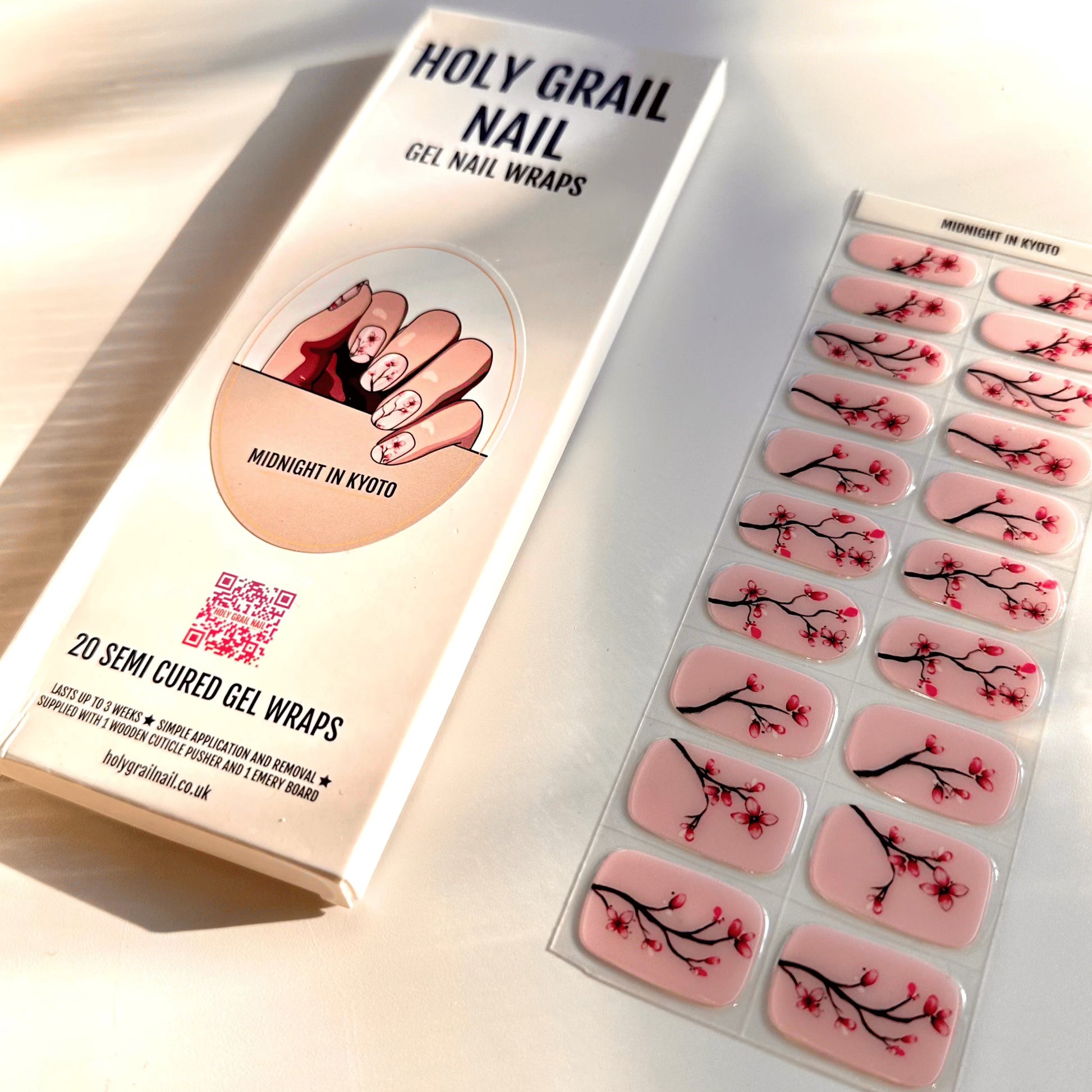 Semi-cured gel nail wraps packaging with cherry blossom design sheet included