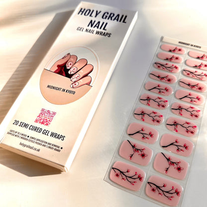 Semi-cured gel nail wraps packaging with cherry blossom design sheet included
