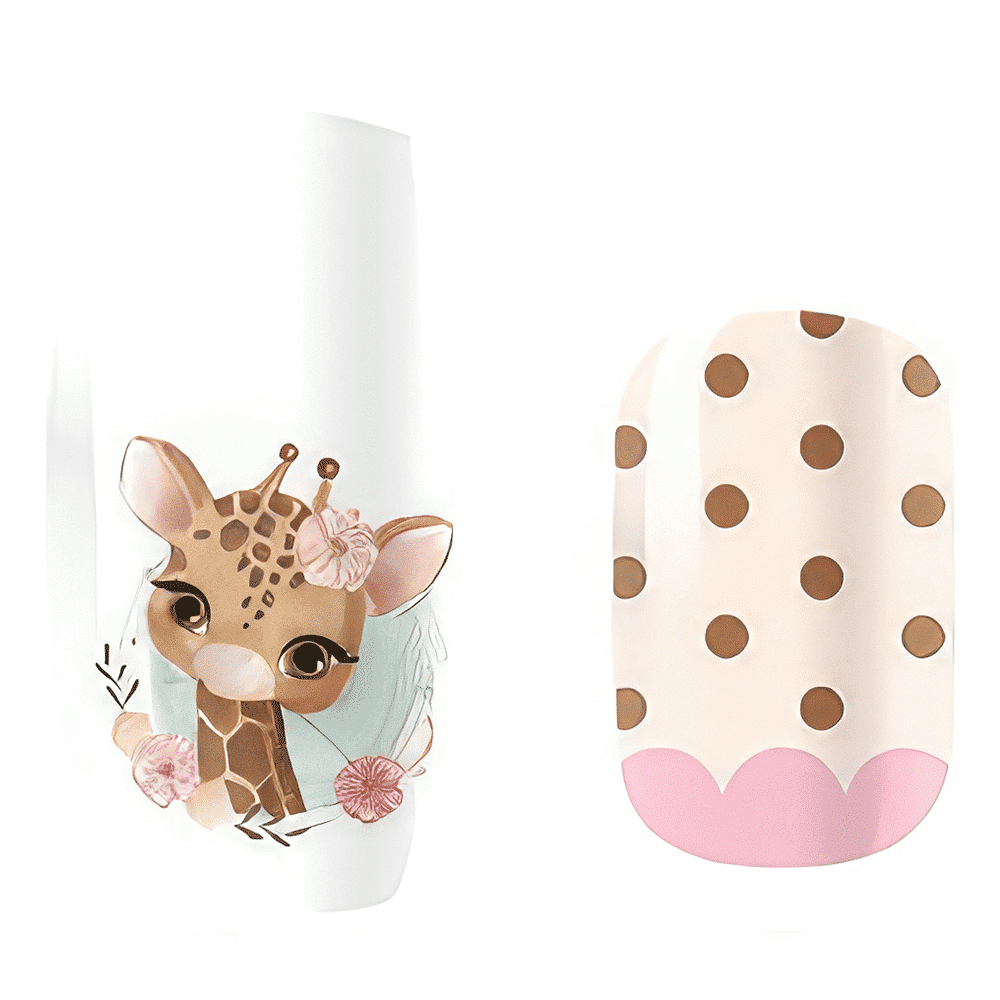 Cute baby giraffe nail art with brown polka dots kids nail wraps