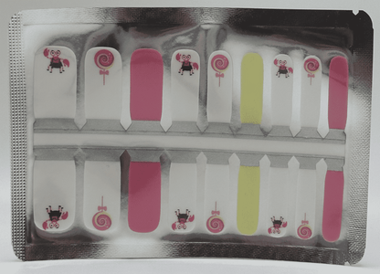 Candy crab kids nail wraps with pink yellow and crab designs in clear packaging