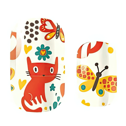Colourful kids nail wraps featuring cute orange cats, butterflies and floral patterns