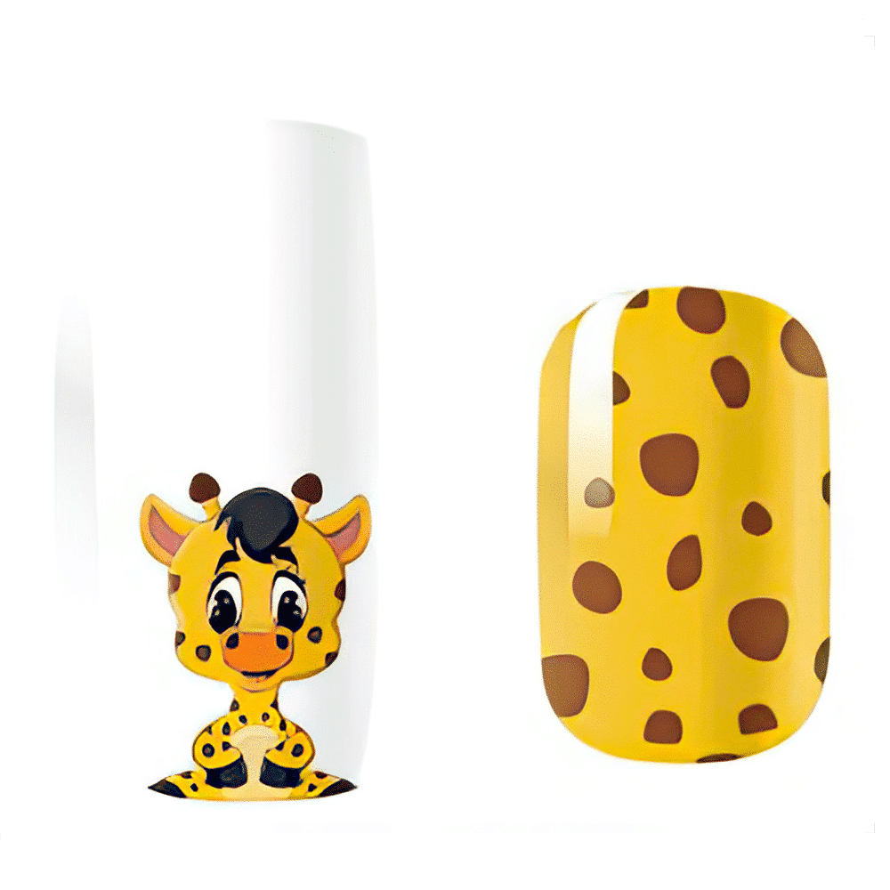 Yellow giraffe cartoon character with brown spots next to matching kids nail wrap design