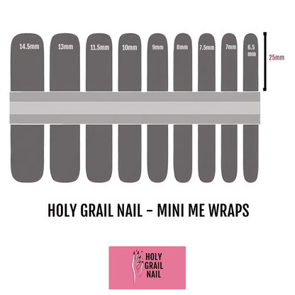 Kids nail wraps size chart showing Mini Me dimensions for children's at-home manicure