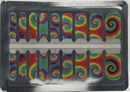 Kids nail wraps sheet featuring tie-dye patterns in rainbow colours with psychedelic swirl designs