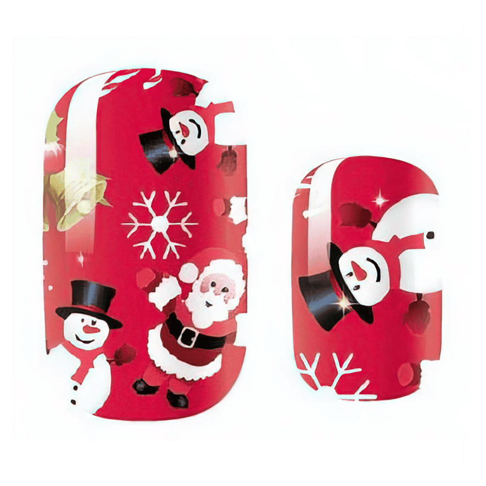 Red Christmas kids nail wraps featuring Santa, snowmen and snowflakes festive design