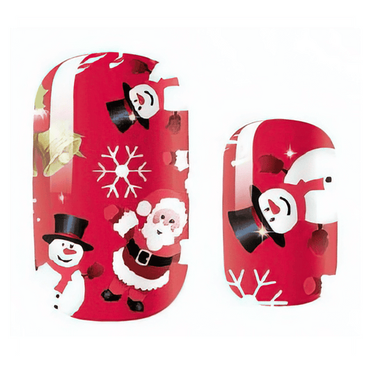 Red Christmas kids nail wraps featuring Santa, snowmen and snowflakes festive design