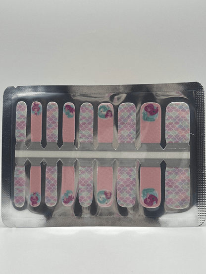 Pink mermaid scale kids nail wraps in packaging showing children's nail art design