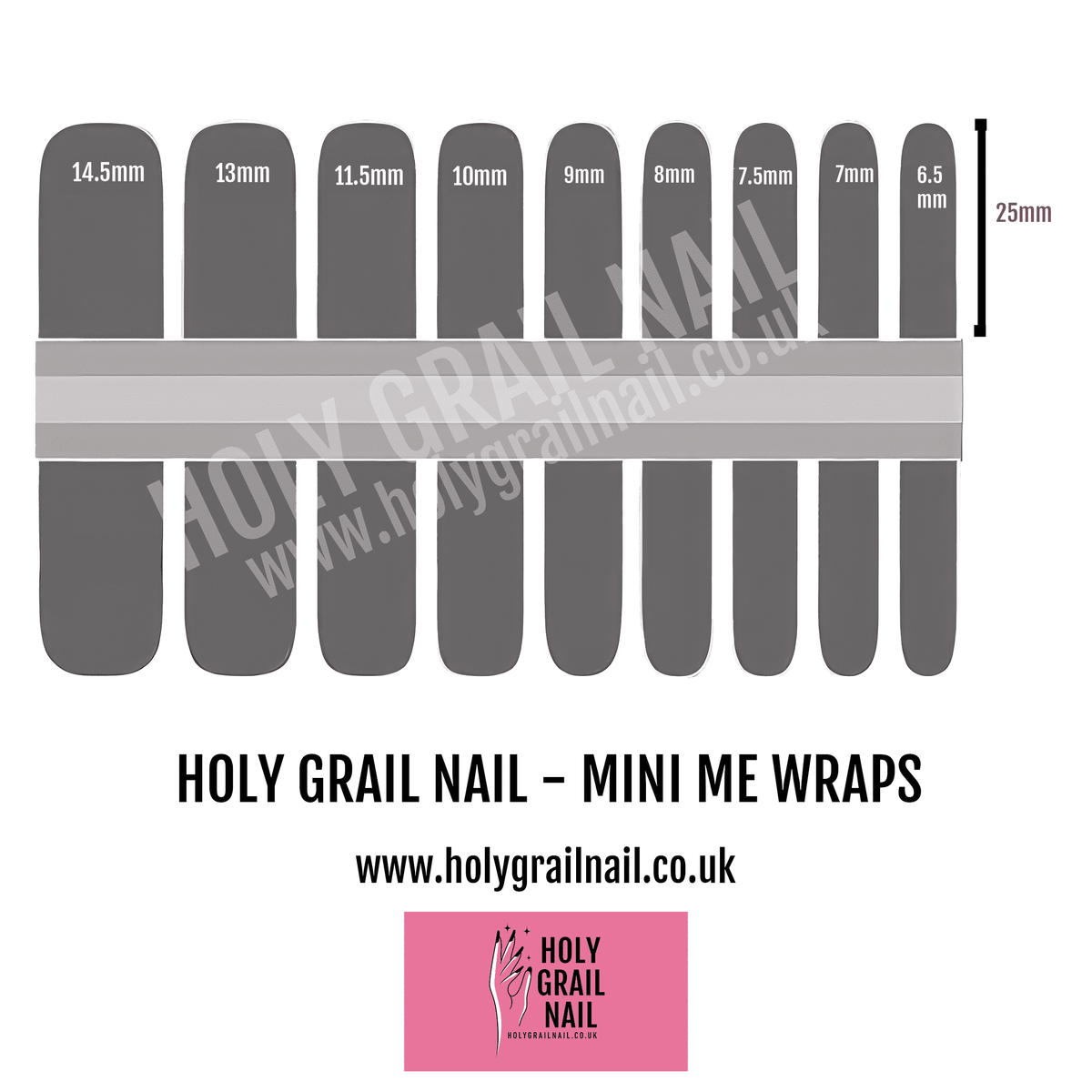 Kids nail wrap size guide showing mini me wraps dimensions for children's manicures