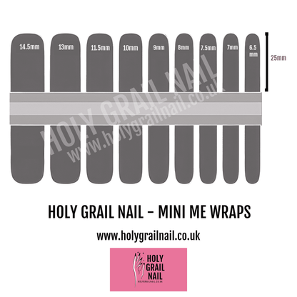 Kids nail wrap size guide showing mini me wraps dimensions for children's manicures