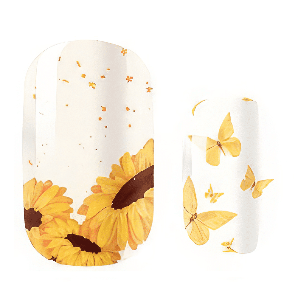 Kids nail wraps with yellow sunflowers butterflies on white background Mini Me design