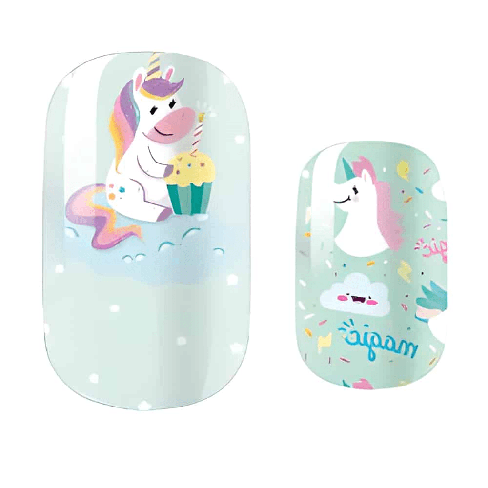 Mint green kids nail wraps featuring cute unicorn with rainbow mane and cupcake design