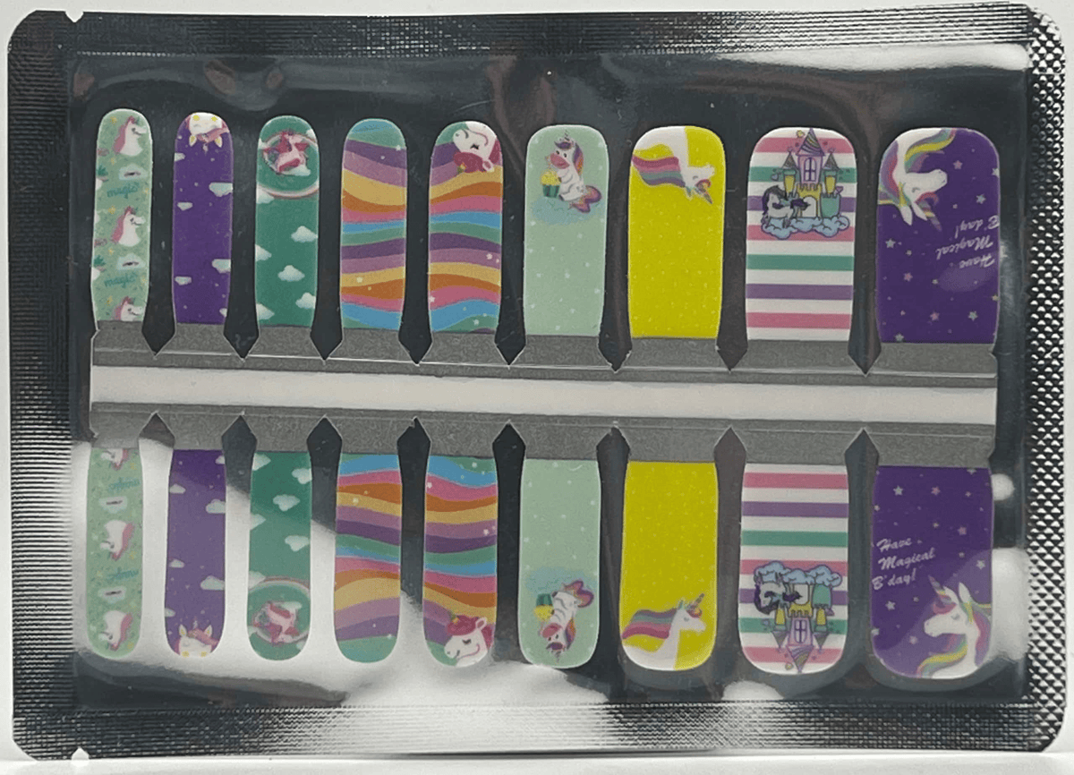 Colourful unicorn kids nail wraps collection with rainbow stripes and magical designs for children