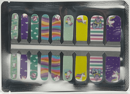 Colourful unicorn kids nail wraps collection with rainbow stripes and magical designs for children