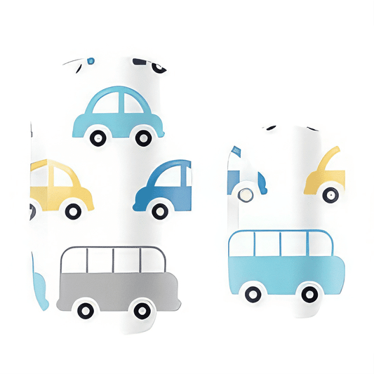 Colourful car pattern kids nail wraps with blue yellow vehicles on white background