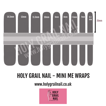 Mini me kids nail wraps size chart showing children's nail measurements
