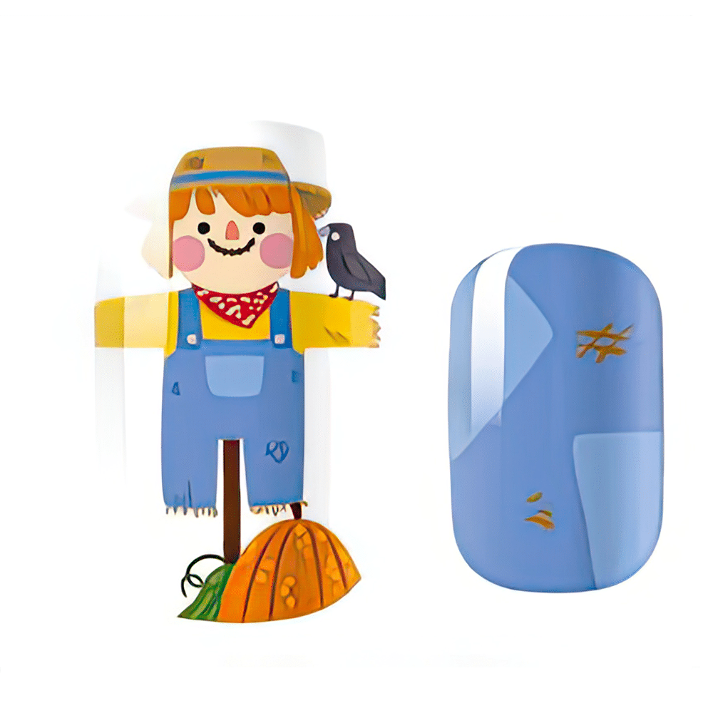 Autumn themed kids nail wraps featuring scarecrow character with pumpkin and blue denim design