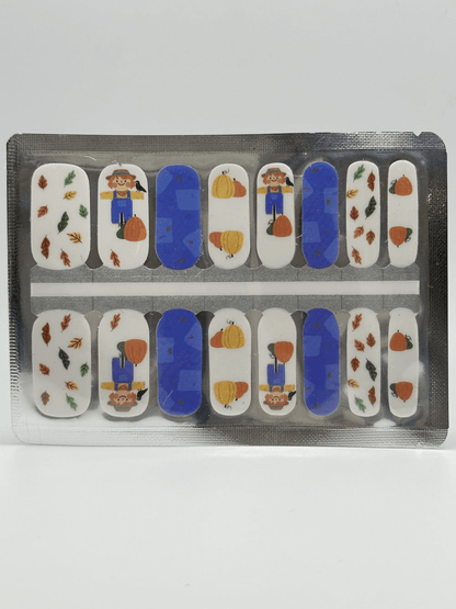 Mini me kids nail wraps sheet showing blue, orange and autumn character designs