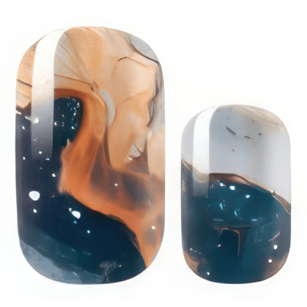 Marble effect nail wraps with teal and orange swirled stone pattern for at-home manicure