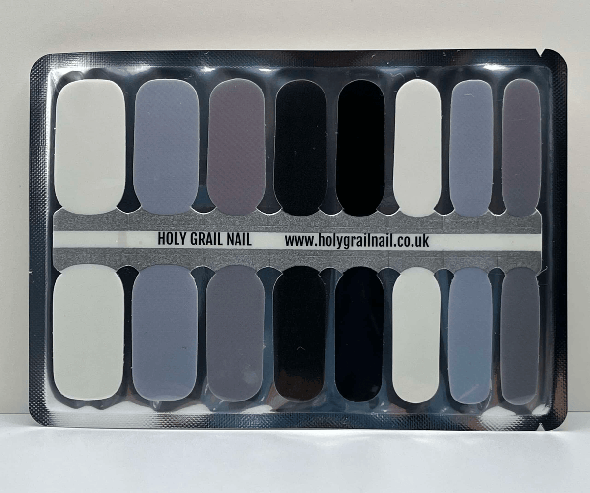 Non-UV nail wraps sheet featuring grey, black and white solid colour designs