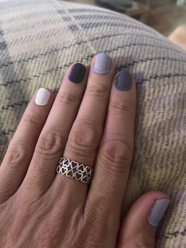 Holy Classics nail wraps in mixed grey, white and charcoal glossy shades, short manicure