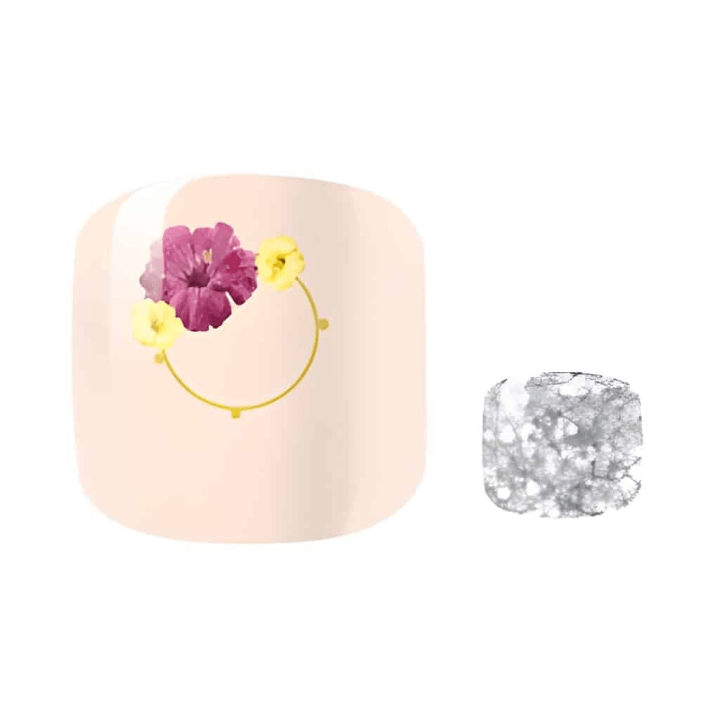 Nude pedi nail wrap with pressed floral bouquet and gold ring, paired with silver marble accent