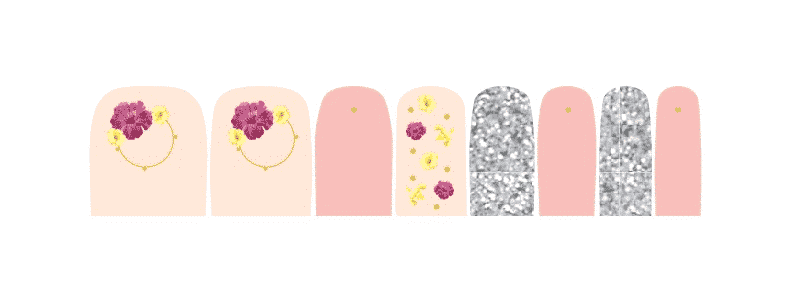 Nude and coral nail wraps with purple flowers and silver glitter for pedicure