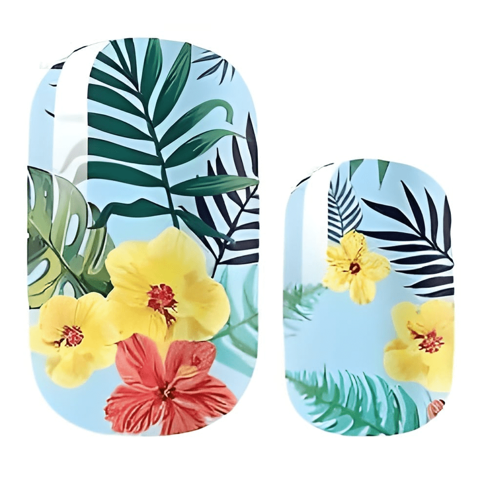Tropical hibiscus and palm leaf nail wraps in blue with yellow flowers