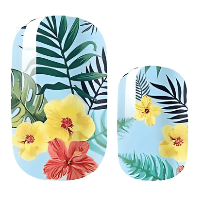 Tropical hibiscus and palm leaf nail wraps in blue with yellow flowers