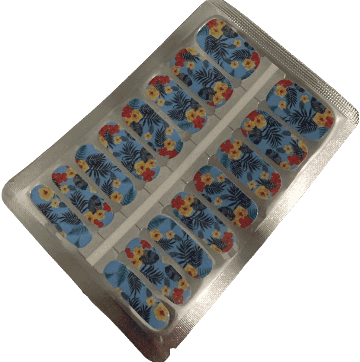 Non-UV nail wraps sheet featuring tropical blue palm leaf and hibiscus flower pattern design