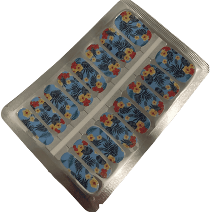 Non-UV nail wraps sheet featuring tropical blue palm leaf and hibiscus flower pattern design